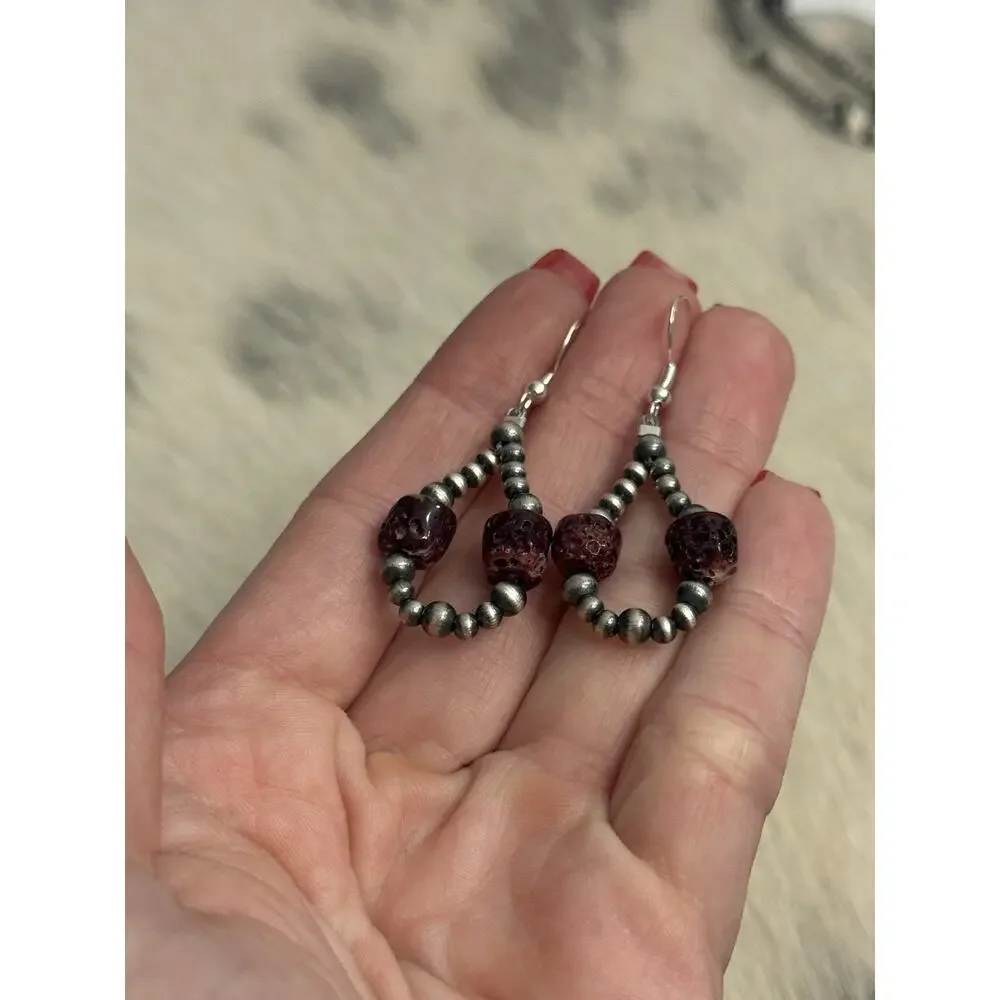 Native American Sterling Silver 8mm Purple Spiny Navajo Pearl Hoop Earrings